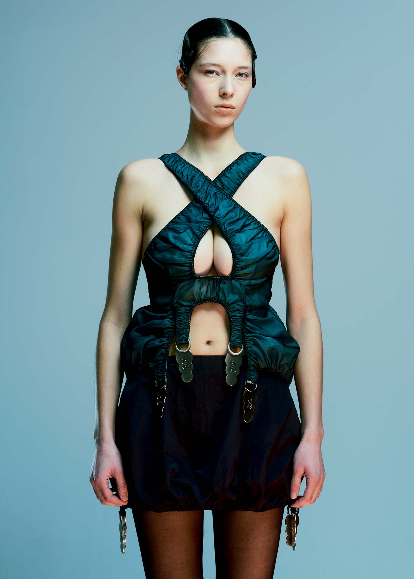 AW25 Black Puff Criss-Cross Apron Top