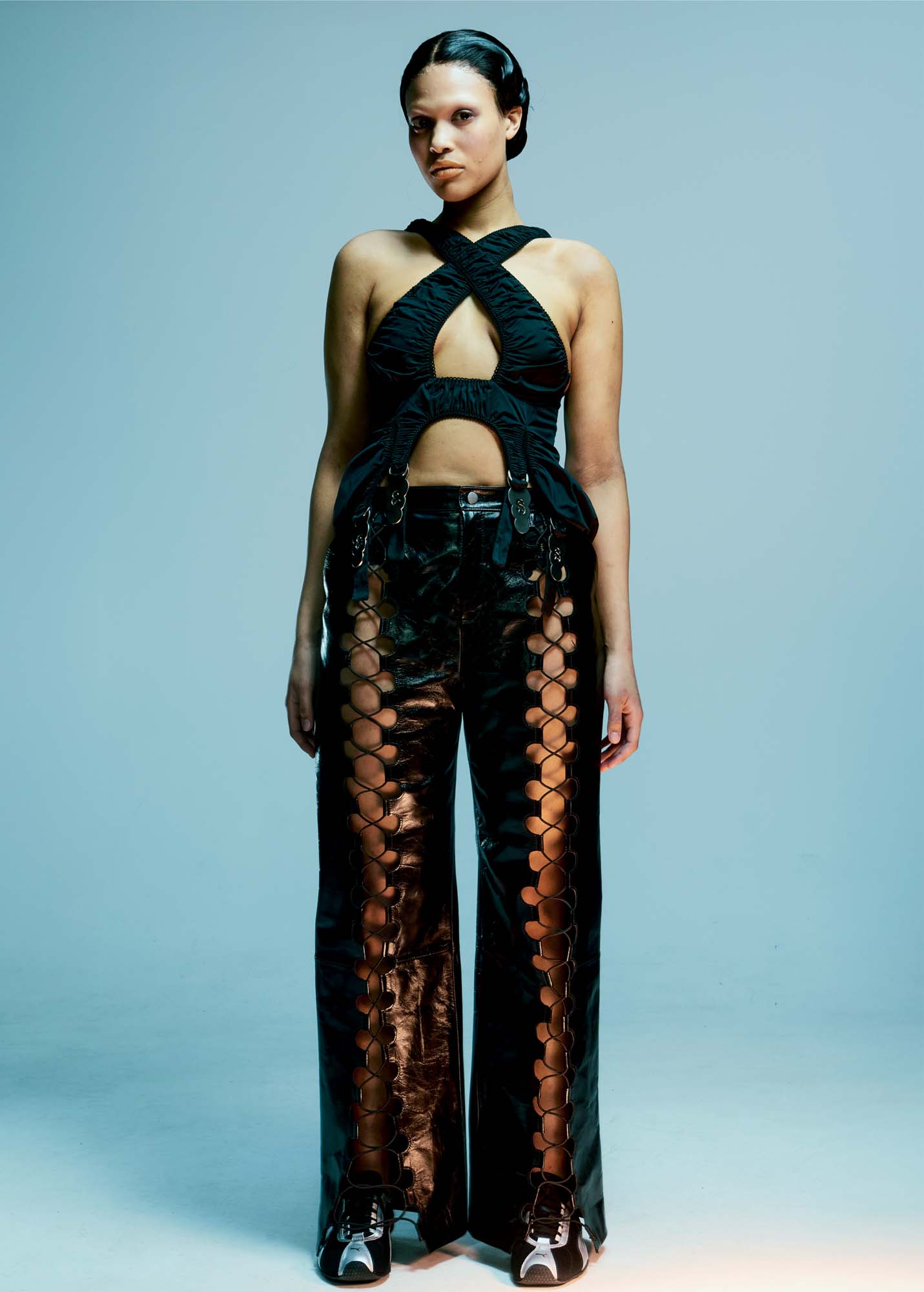 AW25 Black Puff Criss-Cross Apron Top