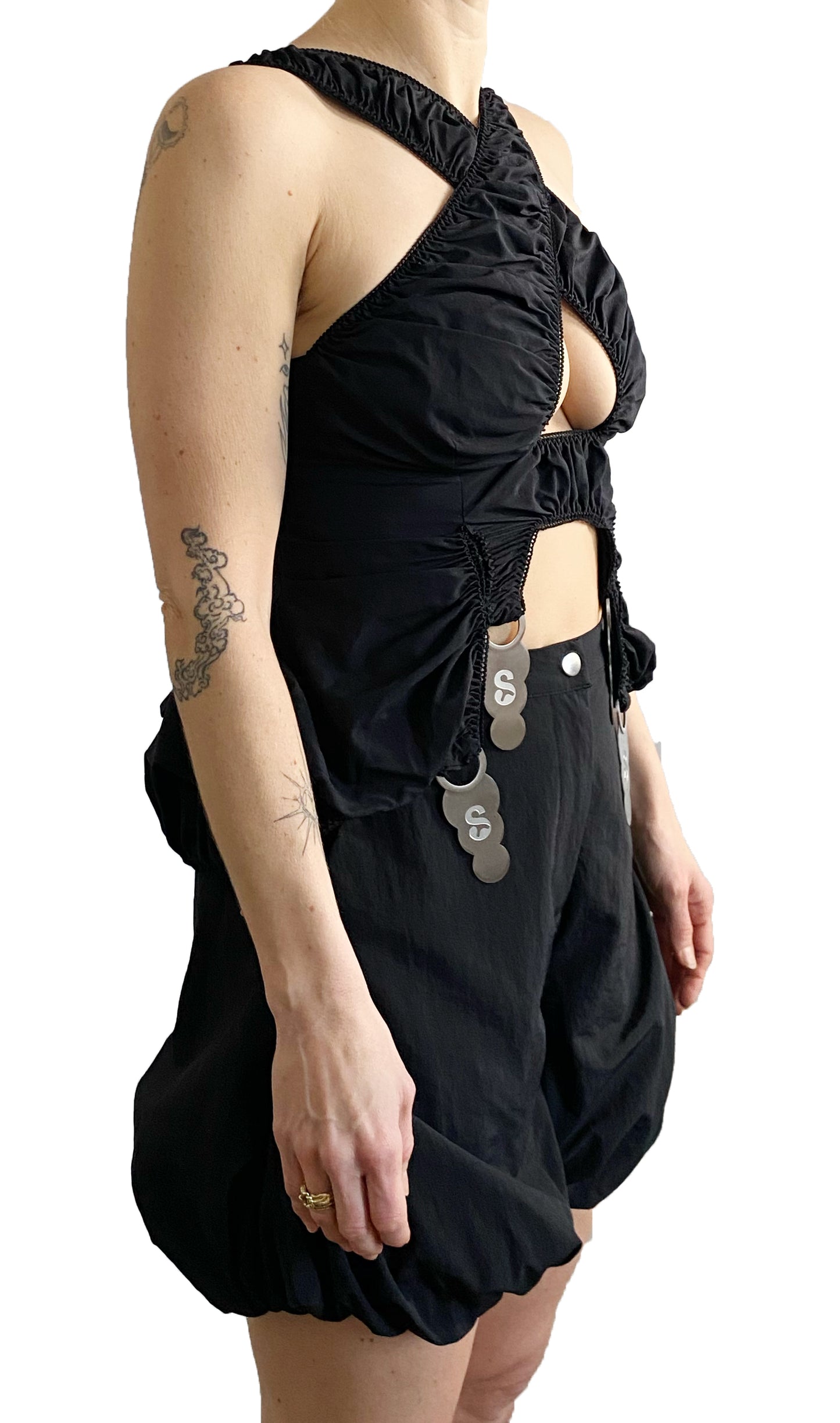 AW25 Black Puff Criss-Cross Apron Top